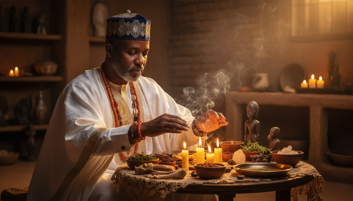 Baba Ali preparing sacred ritual materials including candles, herbs, and spiritual artifacts for a love spell ceremony