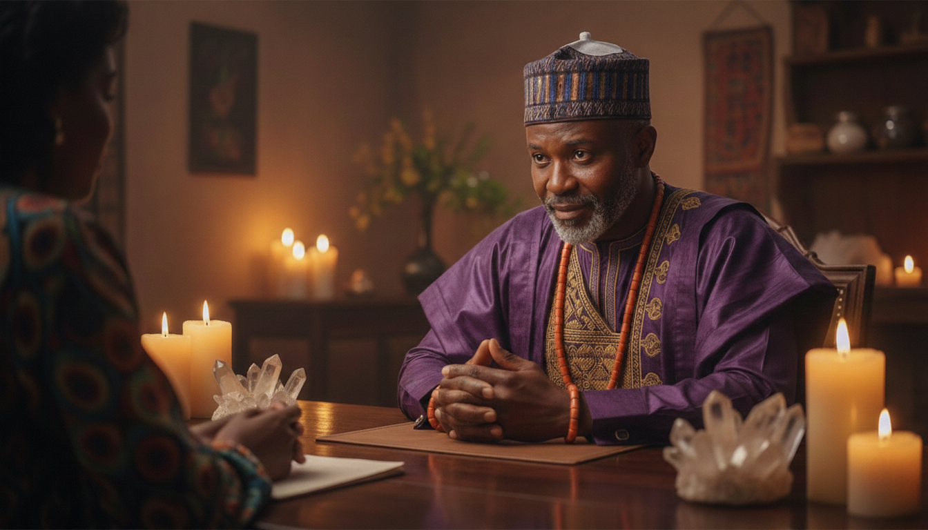 Baba Ali in a compassionate consultation session with a client seeking love spell guidance