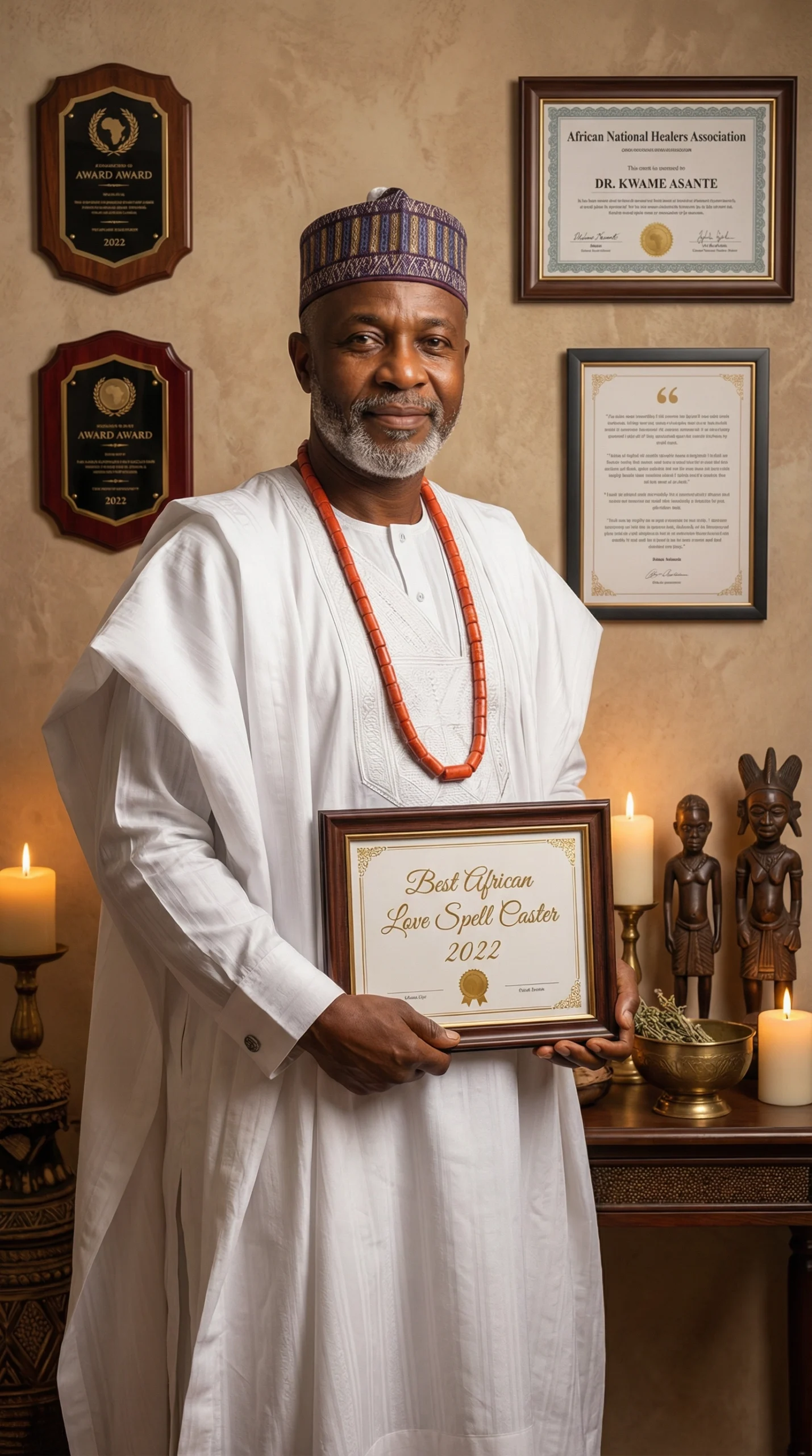 A dignified portrait of an award-winning African spiritual healer holding his award certificate, with credentials displayed on the wall behind him.
