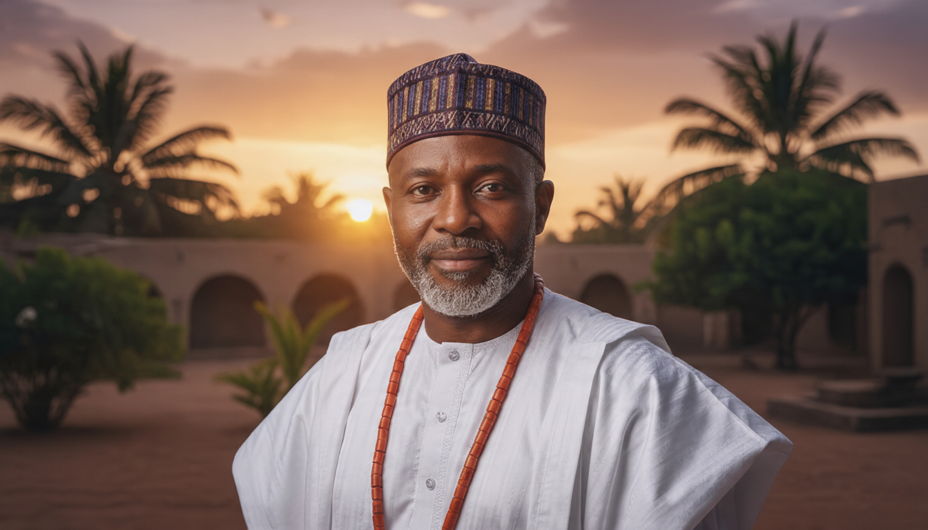 Baba Ali standing outdoors at sunset in traditional white robes with coral bead necklace, representing his journey from West Africa to serving clients across the United States
