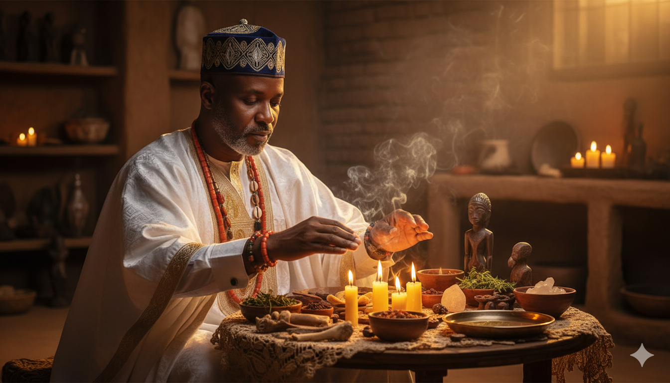 Baba Ali performing traditional African love spell ritual with sacred materials
