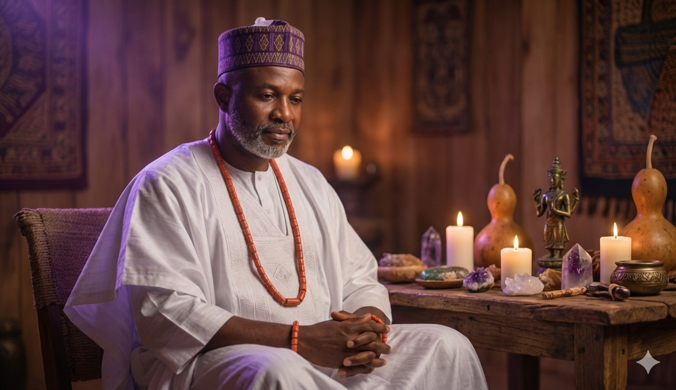Baba Ali seated in traditional African spiritual healer attire