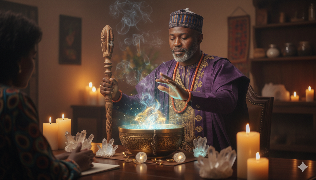 Baba Ali casting powerful love spell with ancient African spiritual techniques