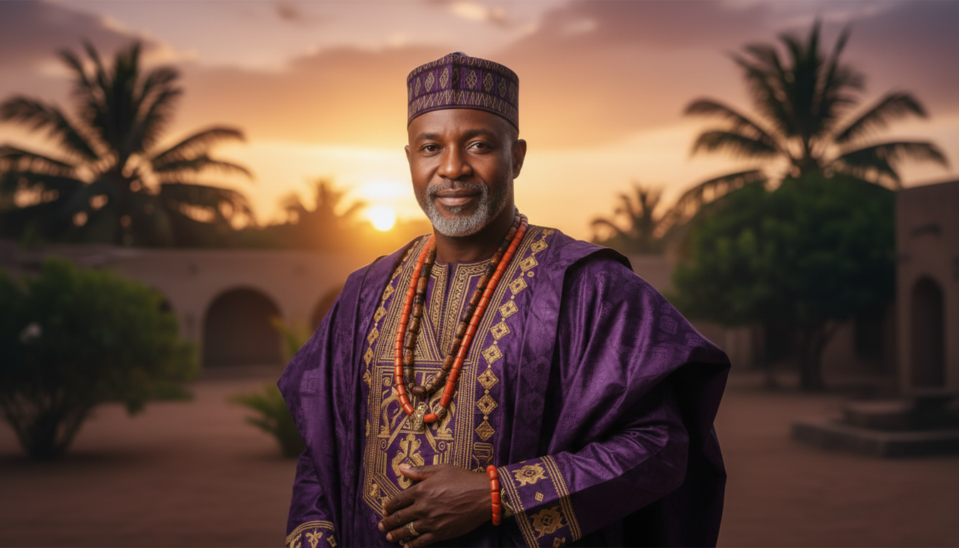 Baba Ali in purple robes with gold embroidery standing at sunset, symbolizing hope and new beginnings for those seeking love spell help