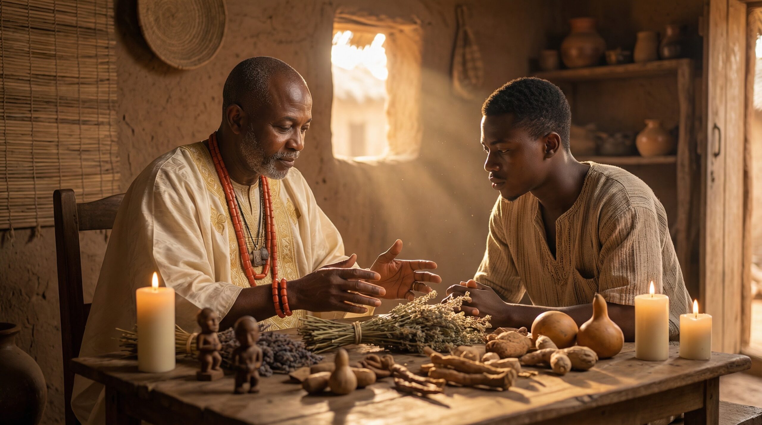 Young Baba Ali learning traditional African spiritual healing from his grandfather in West Africa, studying sacred herbs and spiritual materials by candlelight