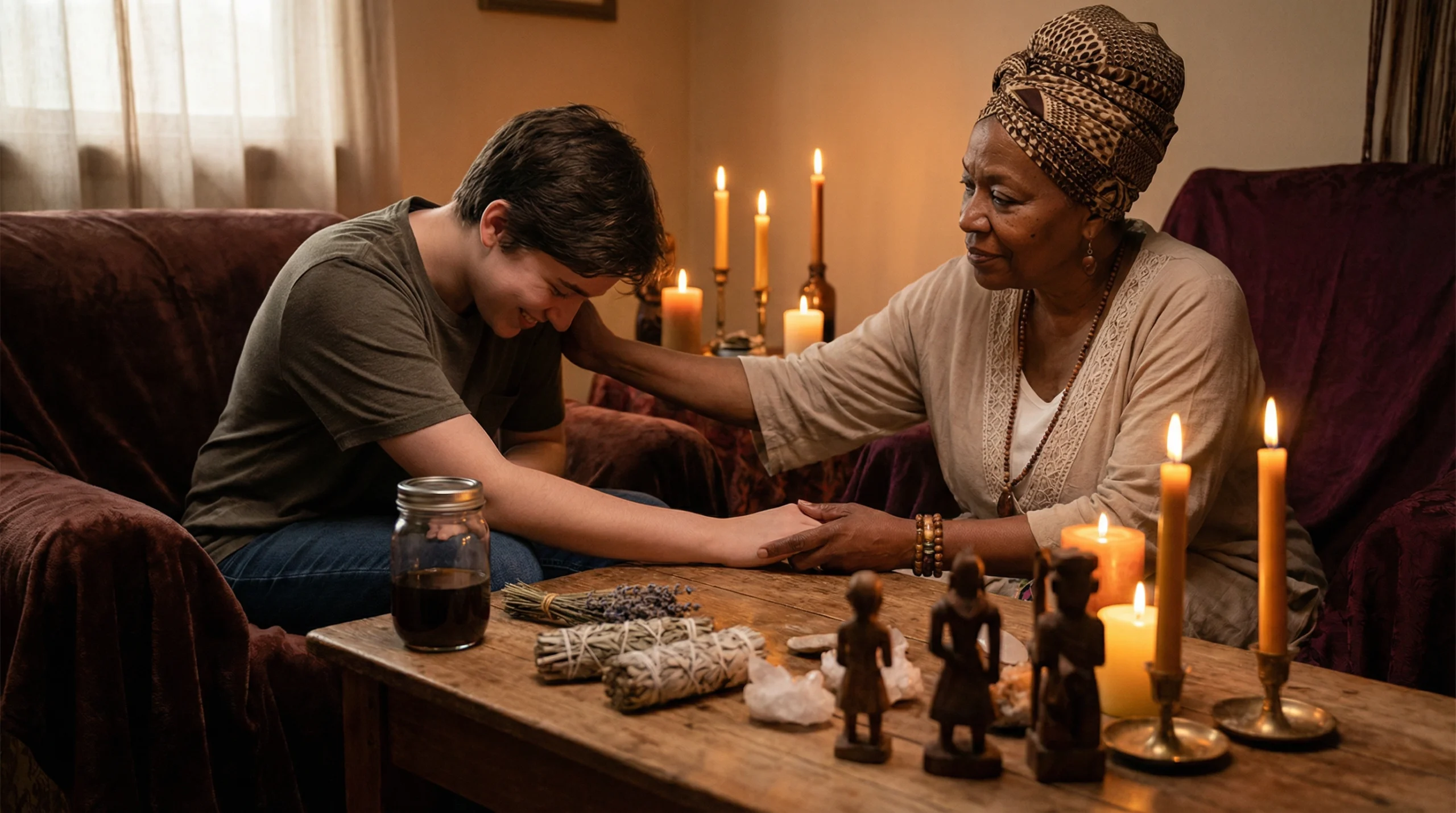 A warm, intimate scene of a spiritual consultation between a compassionate African spiritual healer and a client.