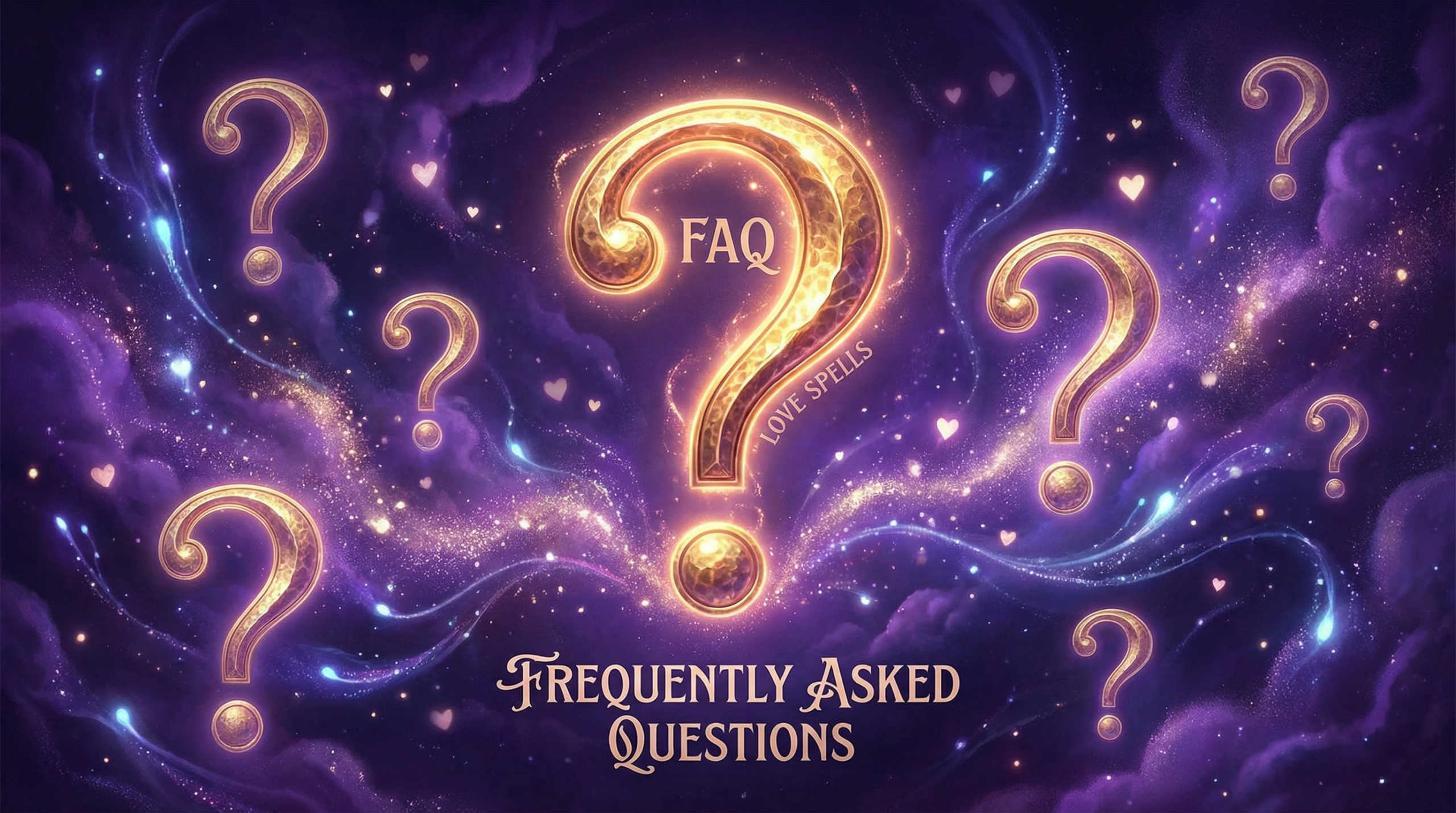 Question marks representing frequently asked questions about love spells