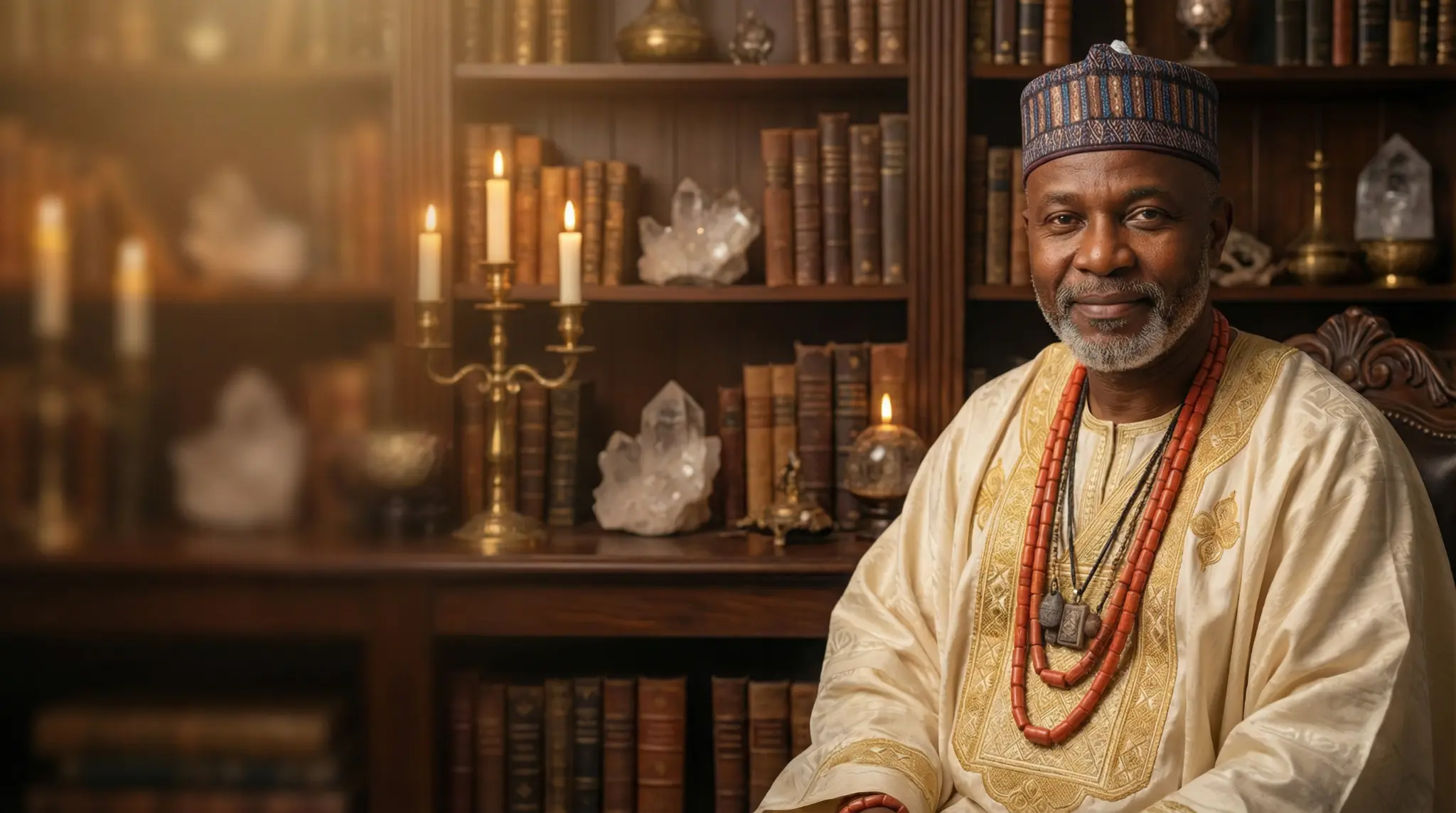 Baba Ali in mystical study with ancient books and crystals