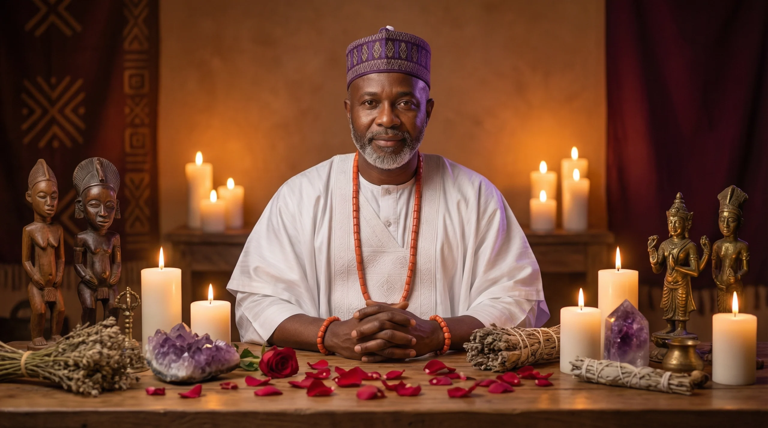 A wise, dignified African spiritual healer at a ceremonial altar, conveying authenticity and spiritual authority.