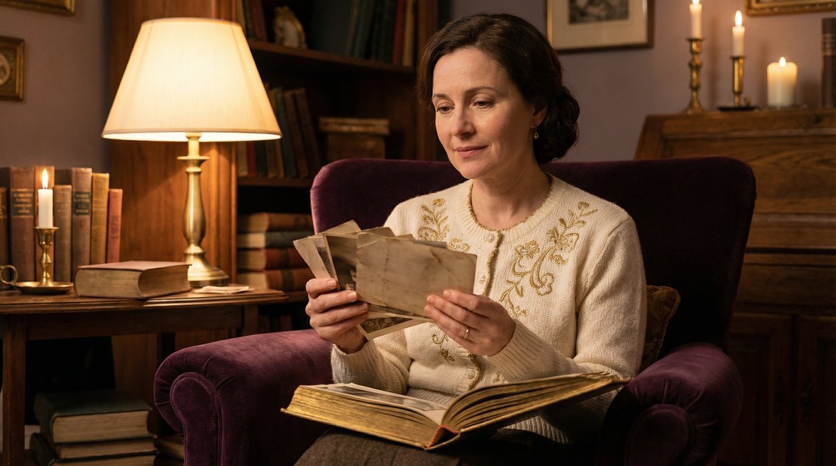 A woman looking at old photos with a nostalgic smile, a sign of holding on to cherished memories with an ex.