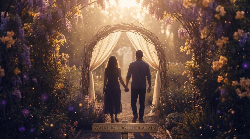 Rebuilding trust - a couple walking together again on a path of healing and love.