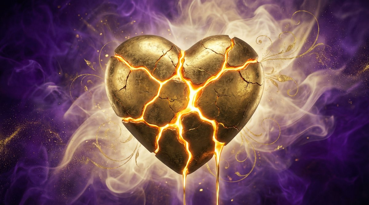 A broken heart of gold being mended with light, symbolizing healing and reconciliation after a bad breakup.