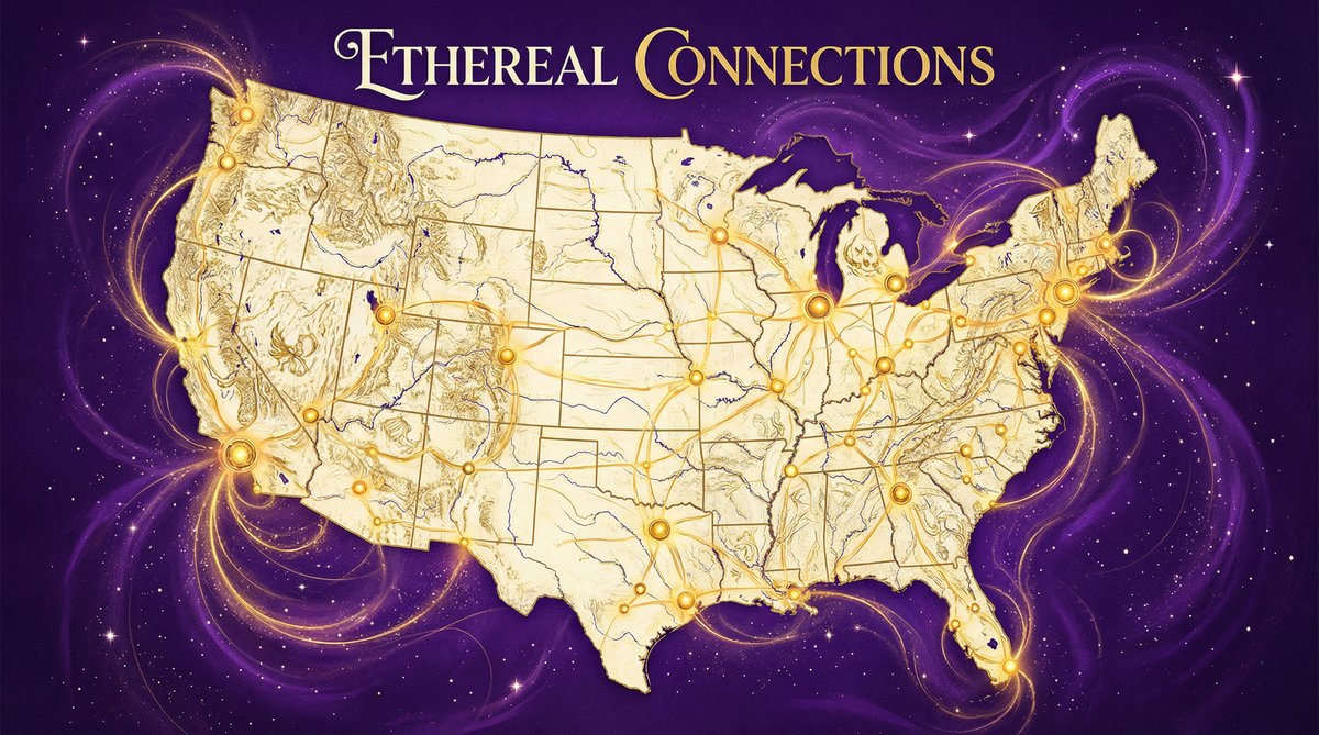Love spells in America - an artistic map of the US with glowing energy lines connecting cities.
