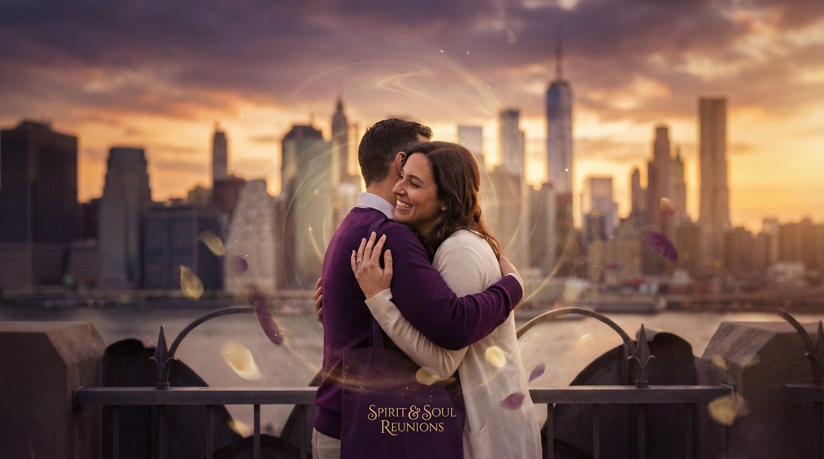 Reunite with your ex in the USA - a happy couple embracing with a city skyline in the background.