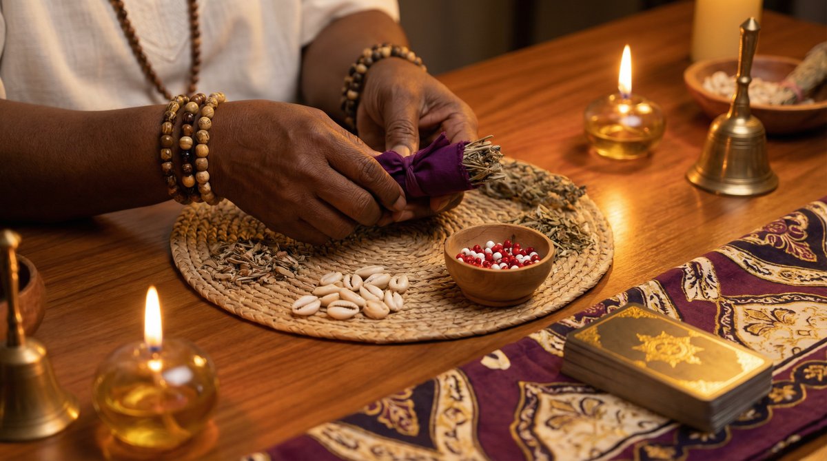 African magic in America for love - a spiritual practitioner's hands preparing a love ritual.