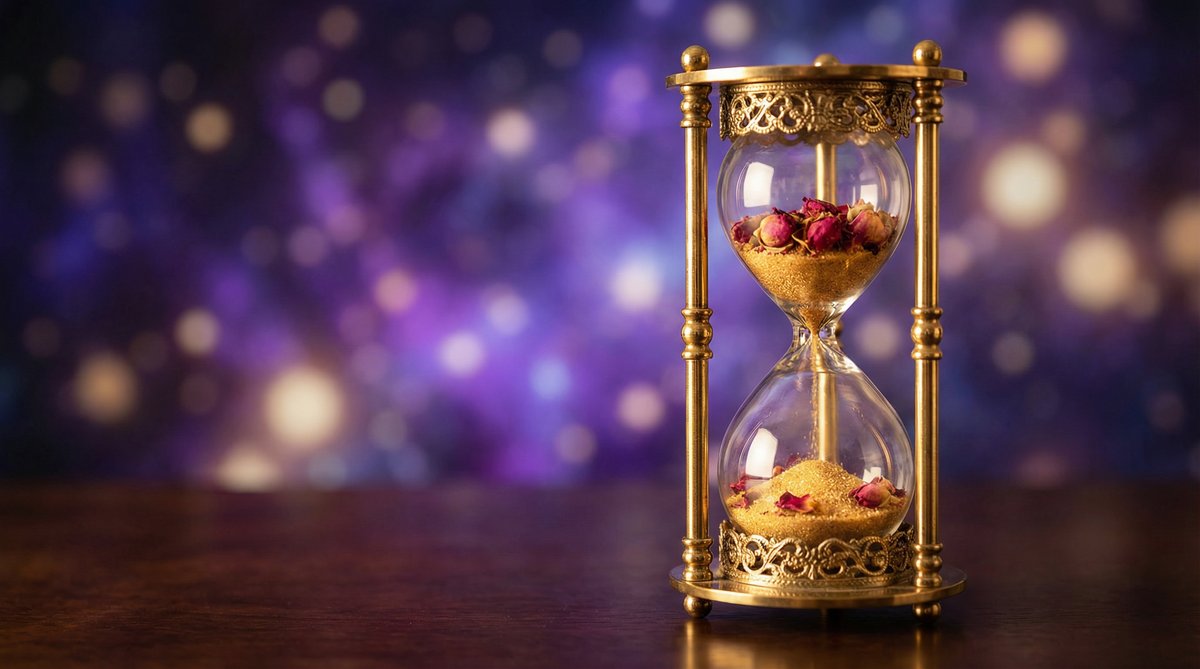 How long does a love spell take to work? An ornate hourglass with golden sand and rose petals symbolizes the spell's timeline