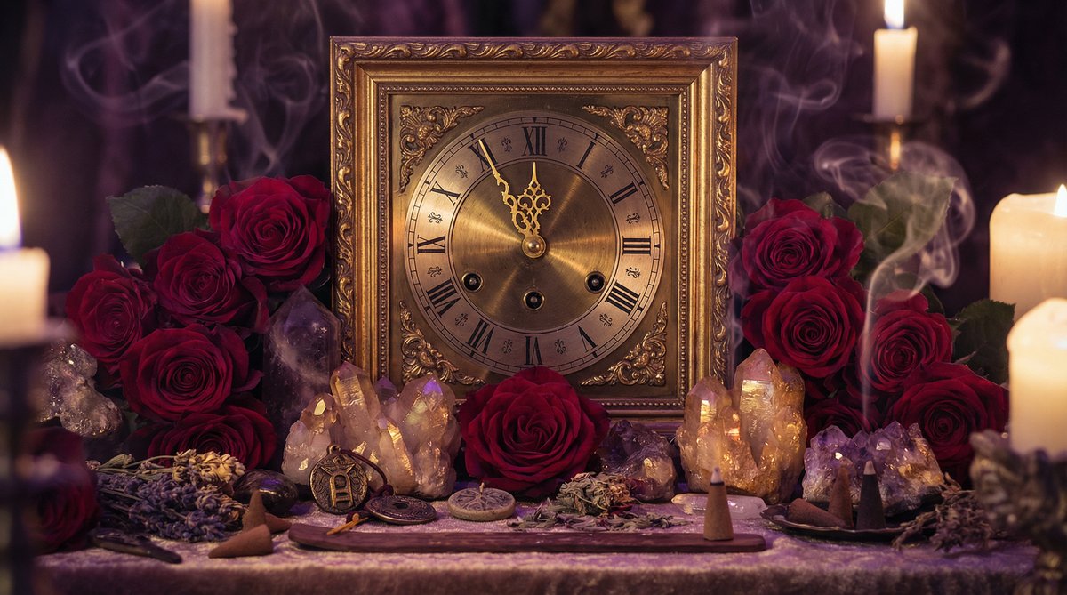 Patience is key when waiting for a love spell to work; an antique clock represents the spiritual timing of manifestation.