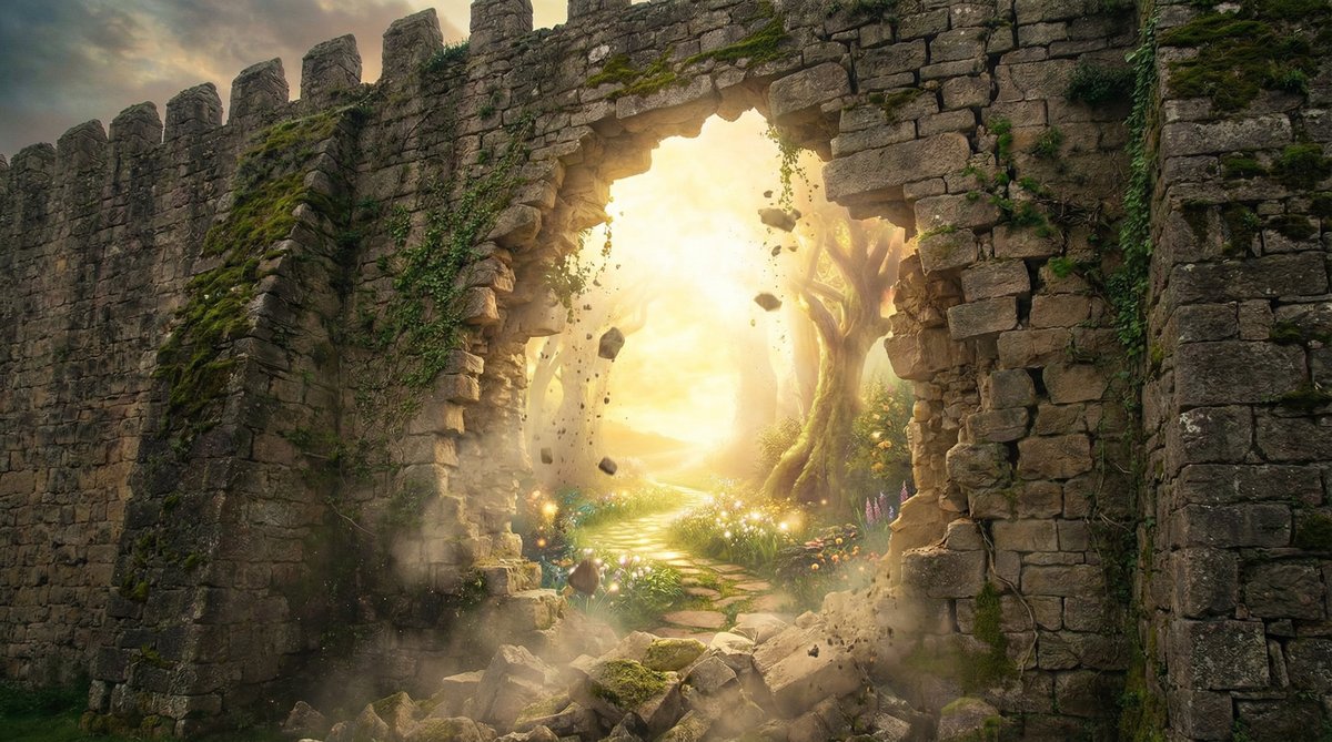 Crumbling walls of separation reveal a path to reconciliation and renewed love.