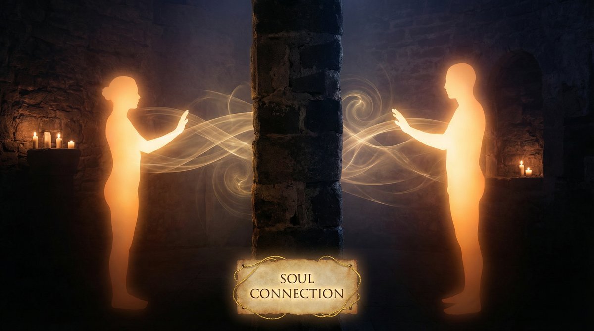 The unbreakable spiritual bond: Golden energy connects two souls, transcending physical and digital walls.