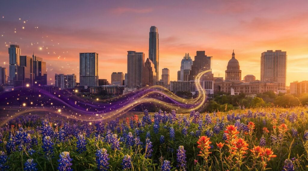 Austin skyline with bluebonnets and golden hour lighting, ideal for love spells to get your ex back.