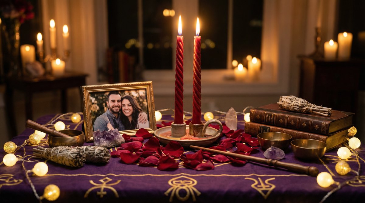 A love spell ritual with intertwined candles to rekindle the flame with your ex.