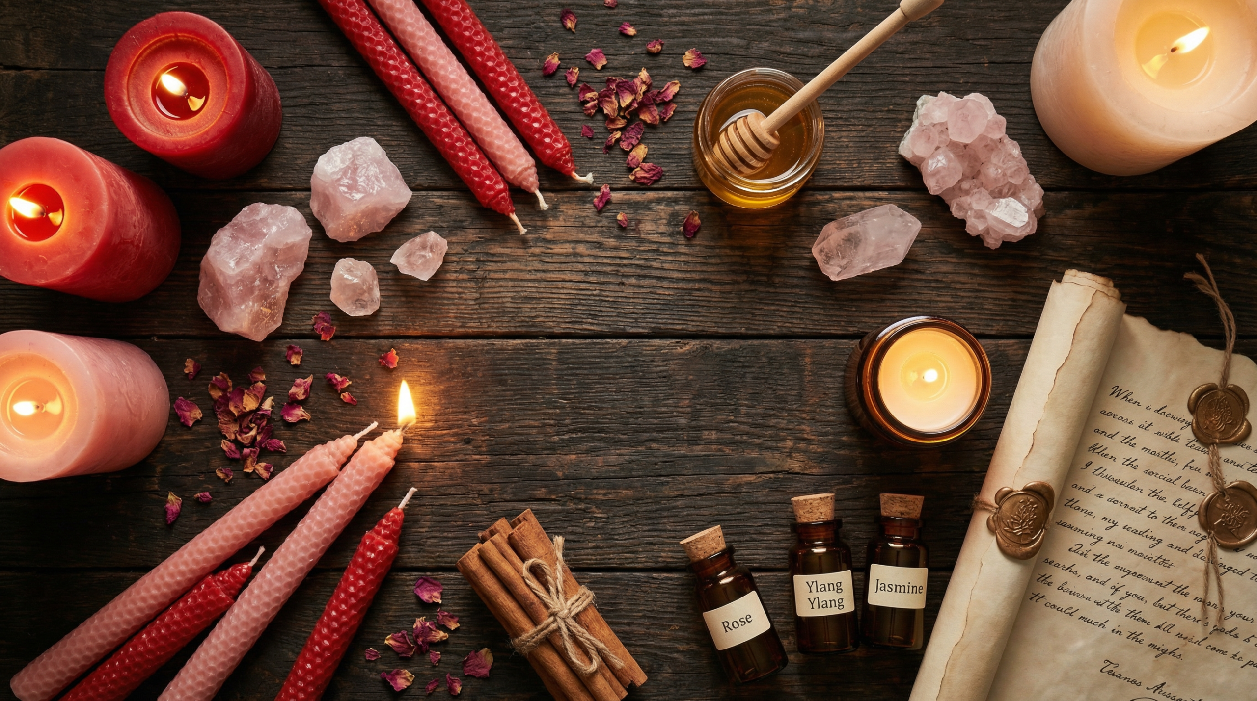 Love spell materials including herbs candles and oils for rituals