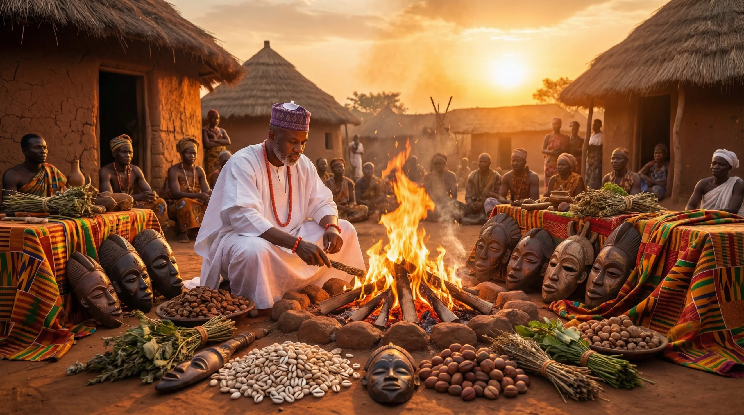 A breathtaking, cinematic wide shot of a traditional African spiritual ceremony at sunset.