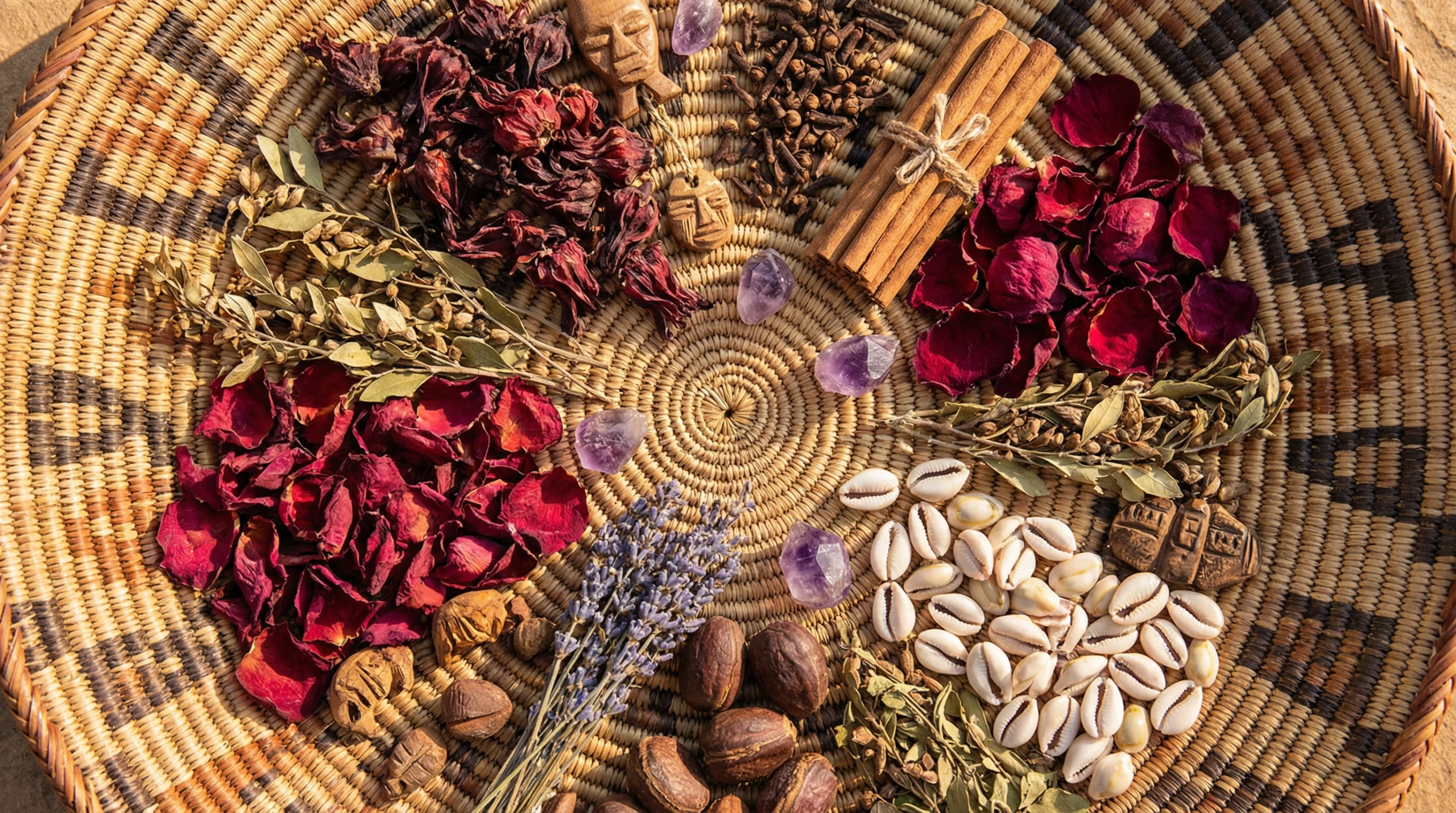 A beautiful, detailed flat-lay photograph of traditional African sacred herbs and plants.