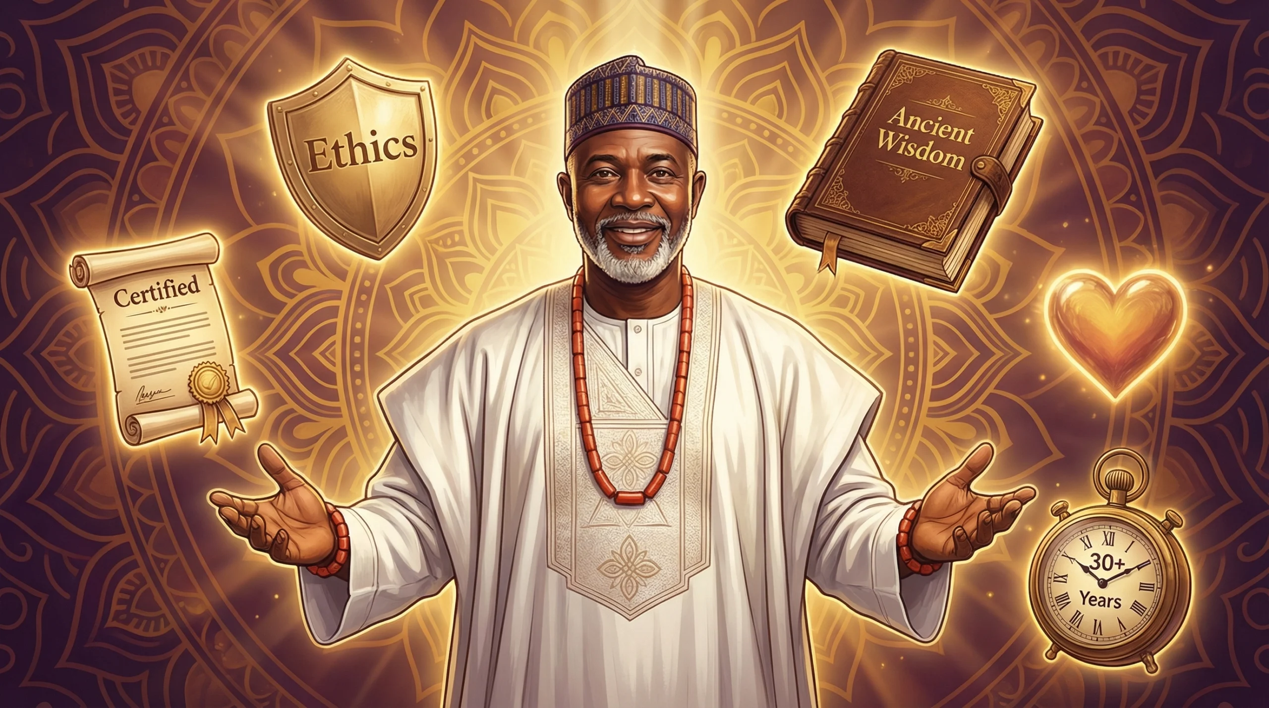 An illustration of a wise African spiritual healer surrounded by symbols of legitimacy: credentials, ethics, ancient wisdom, and decades of experience.
