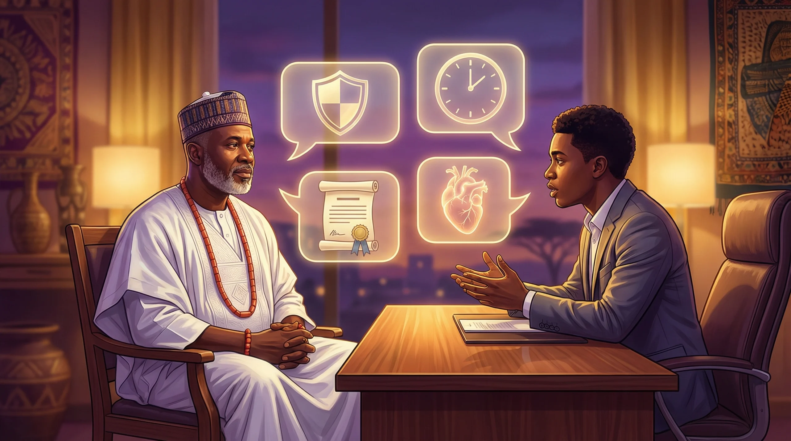 A person thoughtfully asking questions during a spiritual consultation with an African healer.