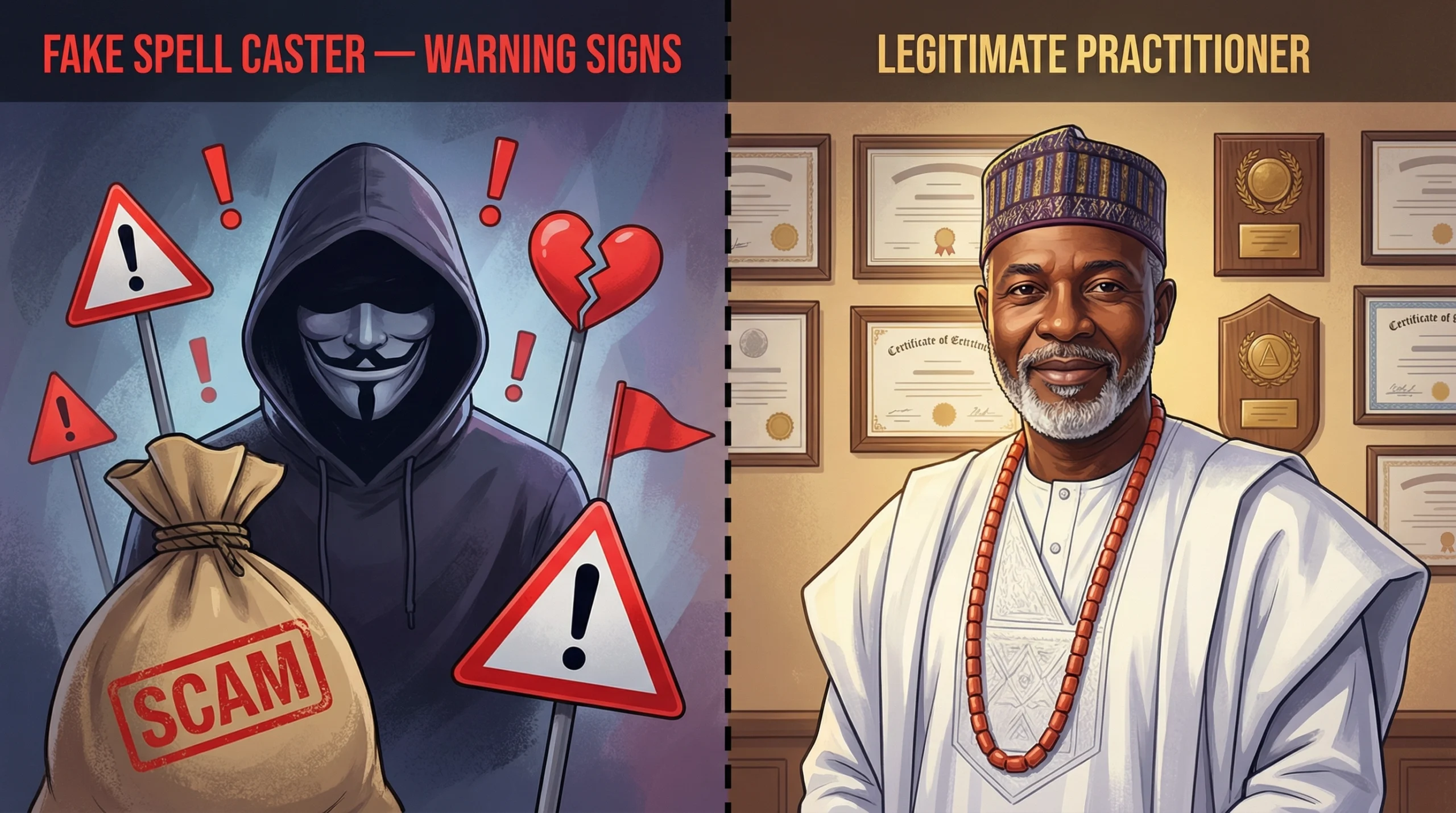 An infographic contrasting the signs of a fake spell caster with a legitimate one.