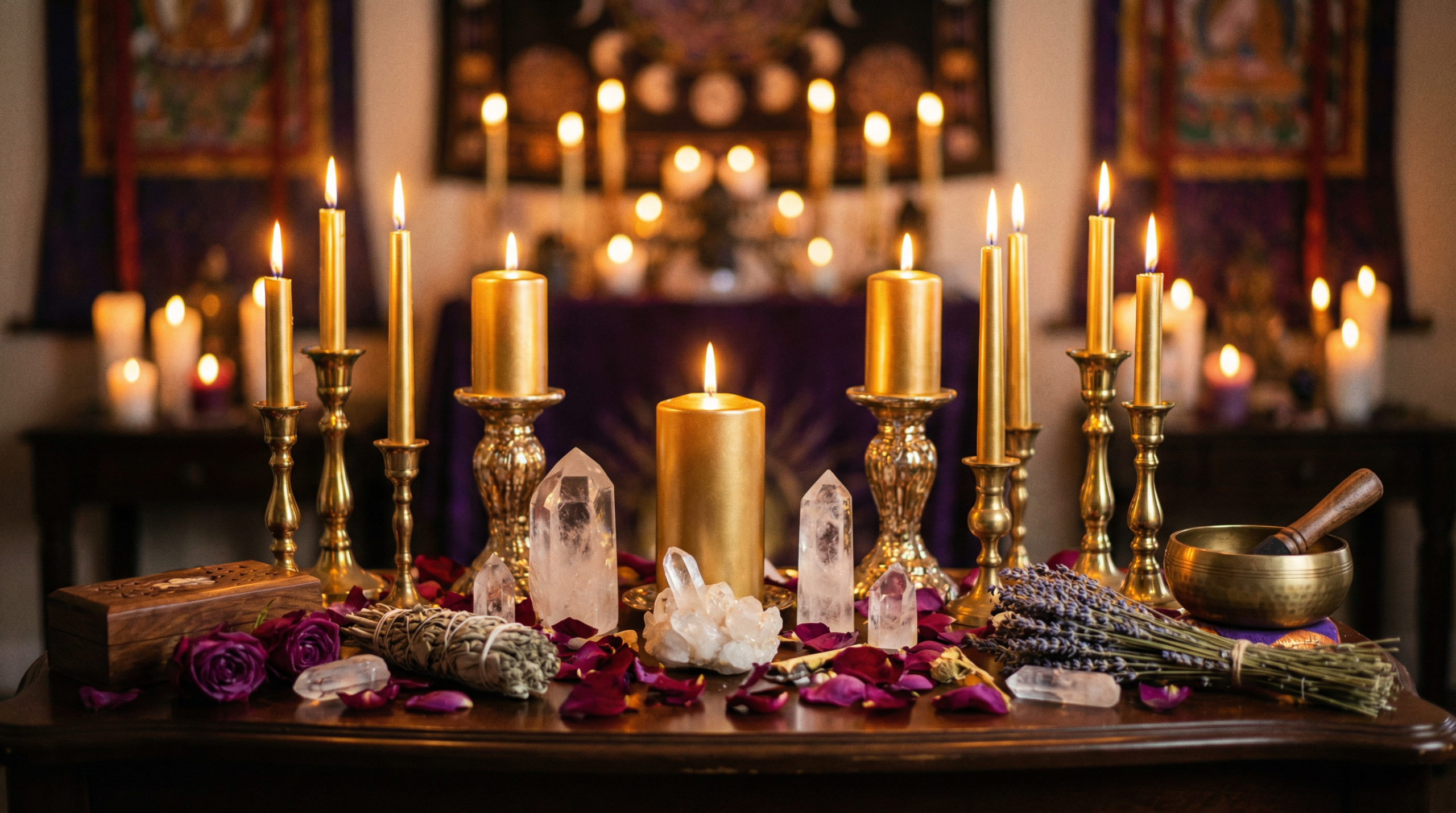 Spiritual candles and healing crystals used in binding love spell rituals by Baba Ali