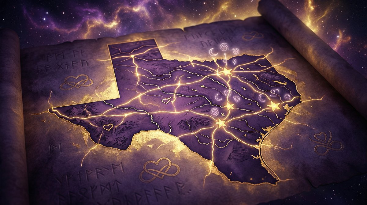 Mystical map of Texas with spiritual symbols representing powerful energy centers for love spells