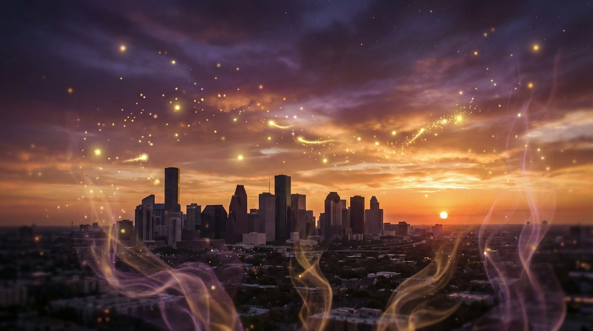 Houston skyline at sunset with golden sparkles symbolizing love spell energy and reunion