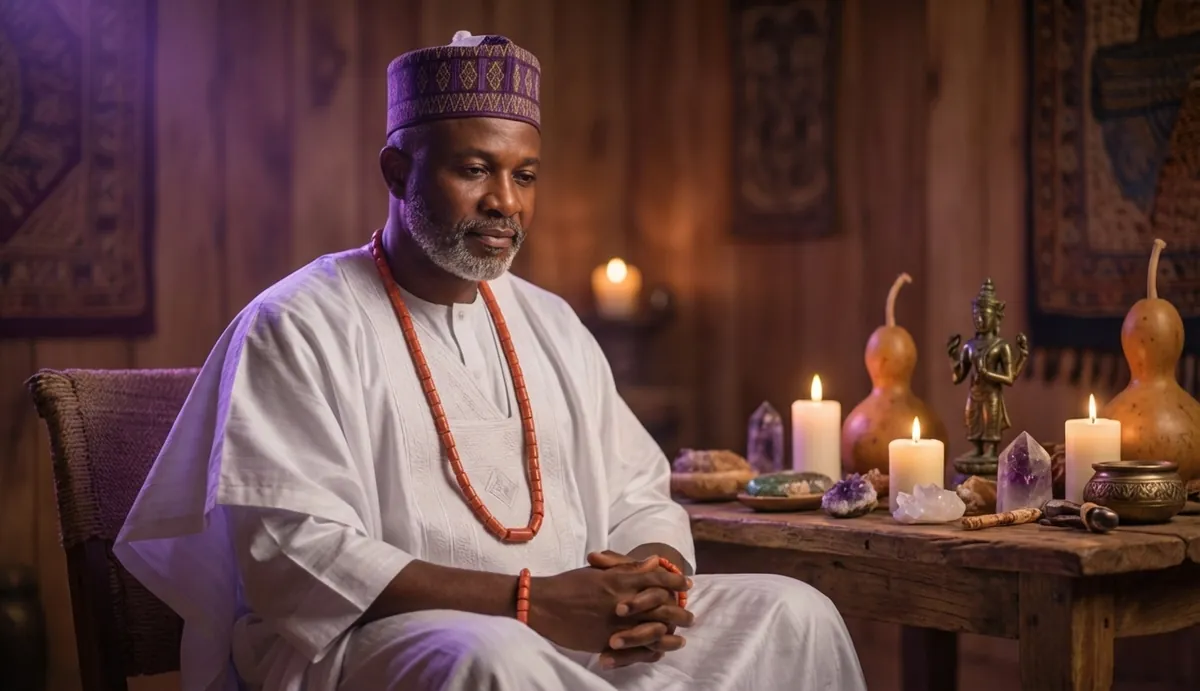Baba Ali performing spiritual consultation with crystals and candles